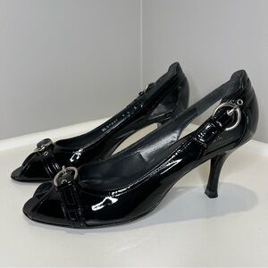 Stuart Weitzman Chatup Black Patent Leather Peep Toe Heels